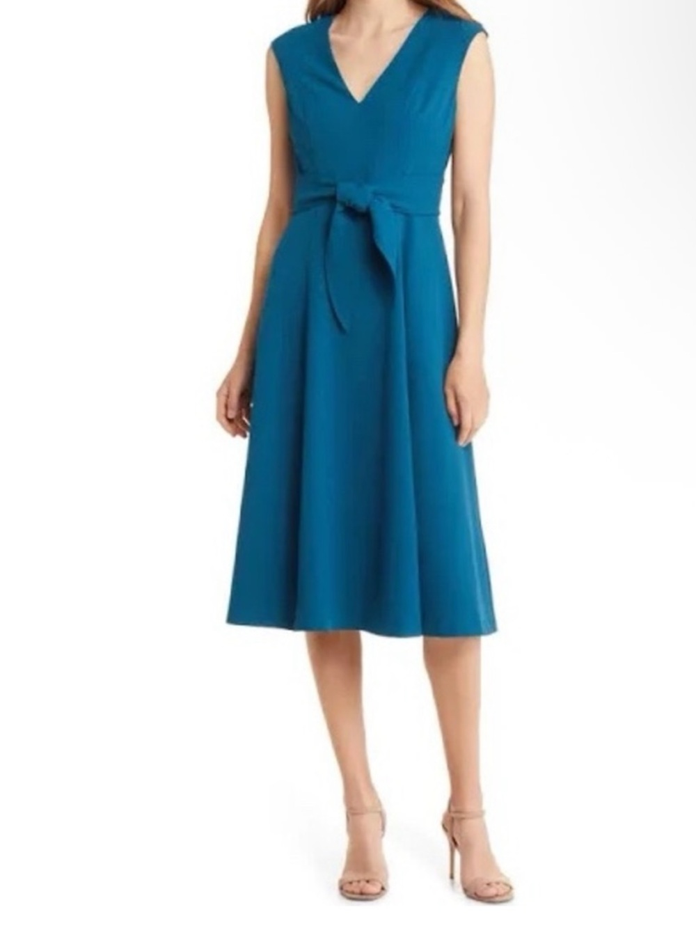 Vince Camuto Teal Sleeveless V-Neck Tie-Waist Midi Dress